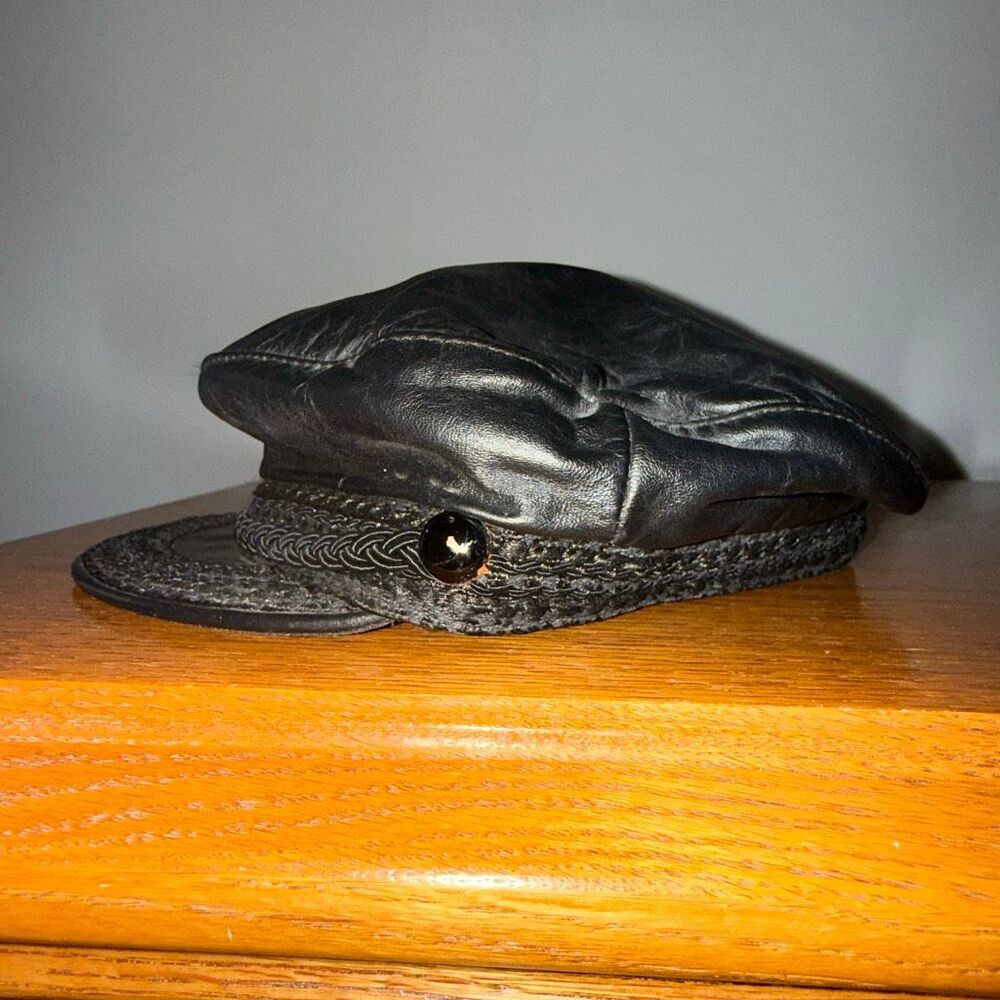 Vintage Broner Black Leather Greek Fisherman Cap Made in USA Braided Band